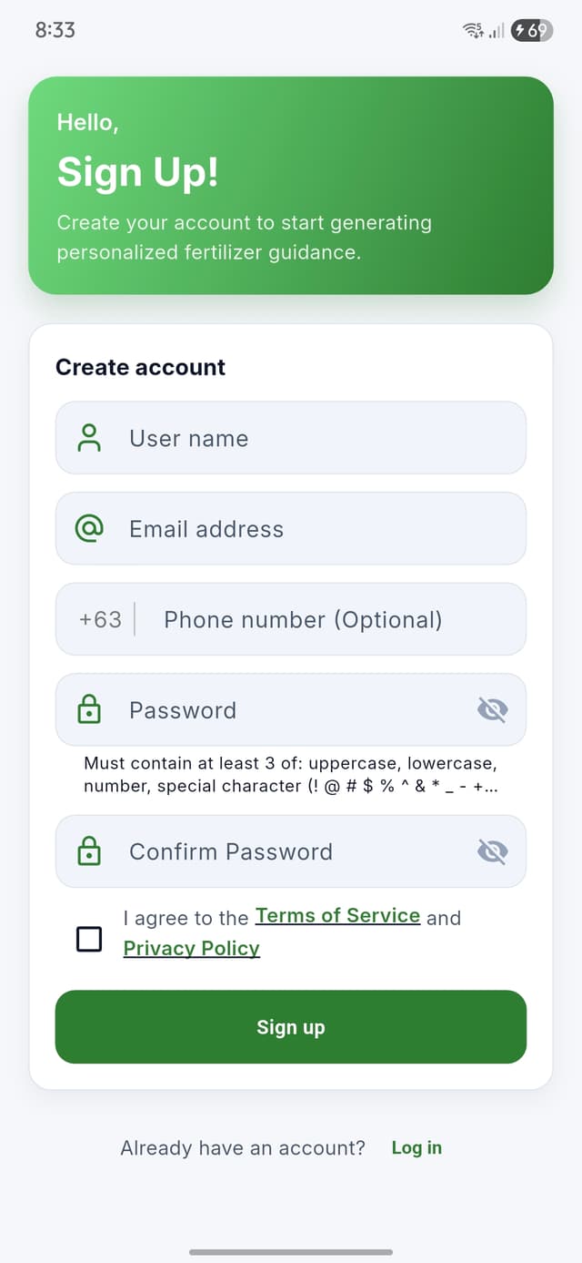 Fertilyze signup screen